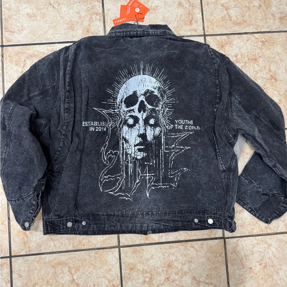 YoungLA Black Distressed Denim Jacket with Graphic Skull Back Print